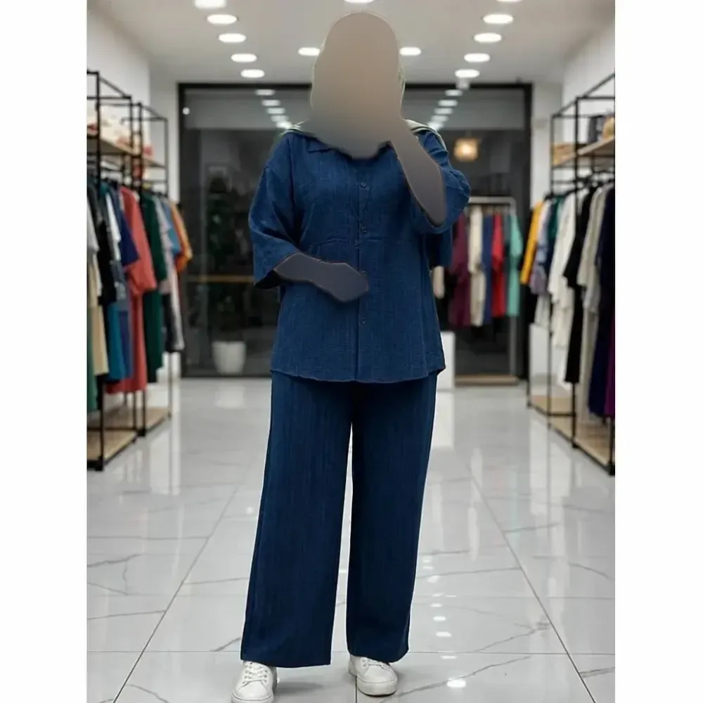 ست شومیز شلوار آنیسا جنس شانتون کتیبه فری سایز 38 تا 50