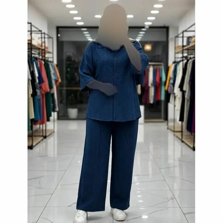 ست شومیز شلوار آنیسا جنس شانتون کتیبه فری سایز 38 تا 50