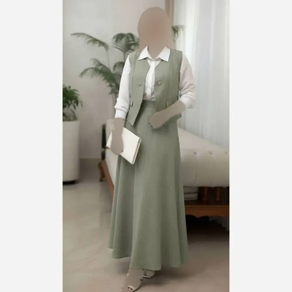 ست سه تیکه شومیز جلیقه و دامن مدل ژینا جنس شانتون