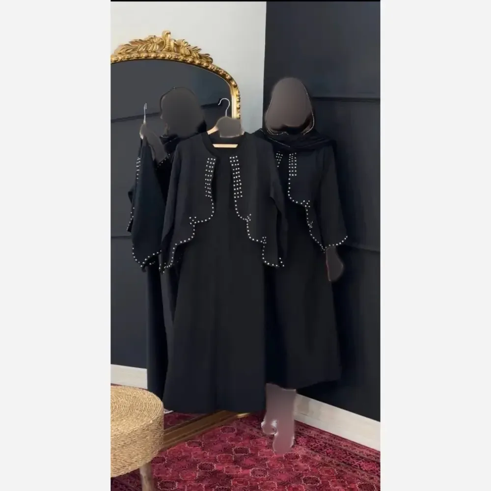 ست کت و سارافون مشکی مروارید دوزی شده کرپ لینن تینا فری سایز