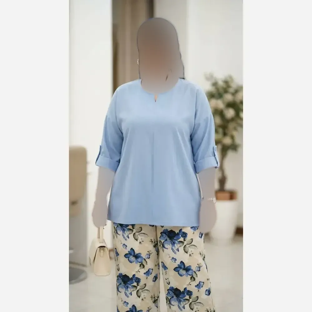 ست شومیز لنین و شلوار شانتون اسلپ فری سایز مدل آفاق