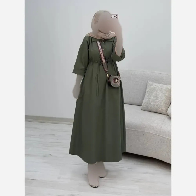 پیراهن لنین سالومه زنانه بلند دکمه دار مناسب بارداری و شیردهی سایز فری 38 تا 46