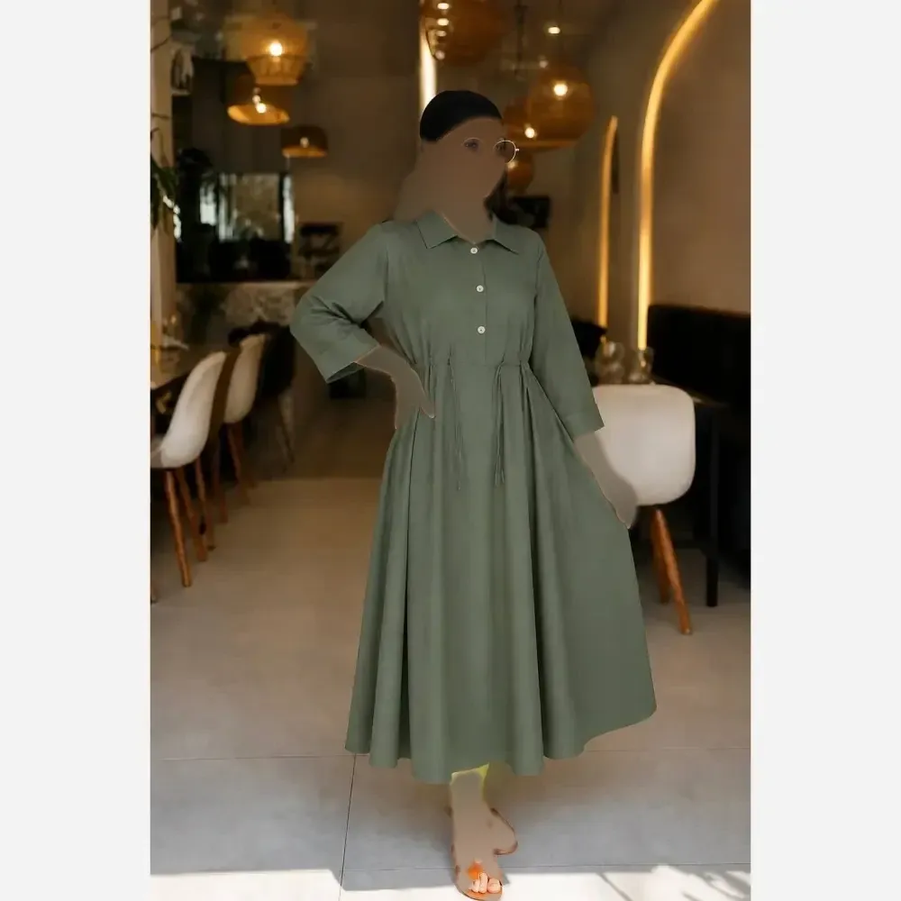 پیراهن لنین سالومه زنانه بلند دکمه دار مناسب بارداری و شیردهی سایز فری 38 تا 46