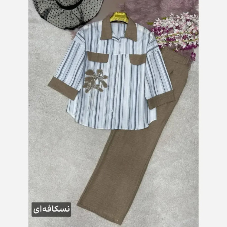 ست ست شومیز شلوار لنین بیسکویتی و شانتون مدل نوگل فری سایز