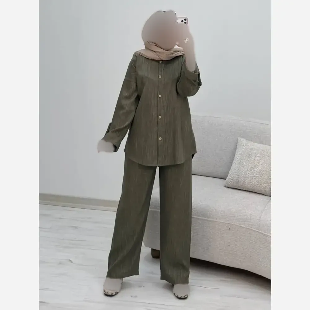 ست شومیز و شلوار زنانه جنس شانتون فری سایز گندم