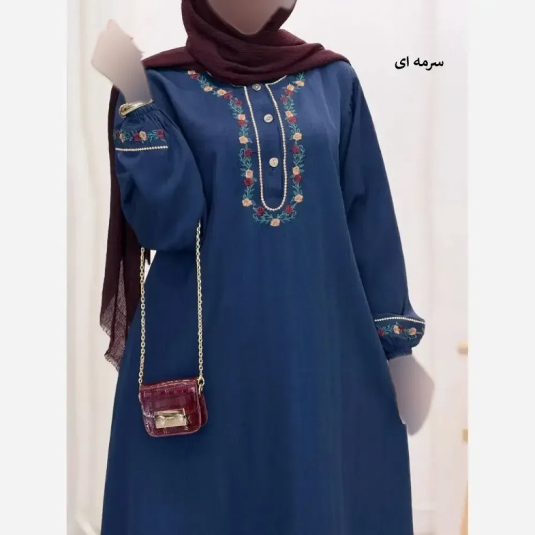 کفتان گلی لینن و گلدوزی سایز بزرگ فری سایز تا 50 رنگ مشکی و سرمه ای