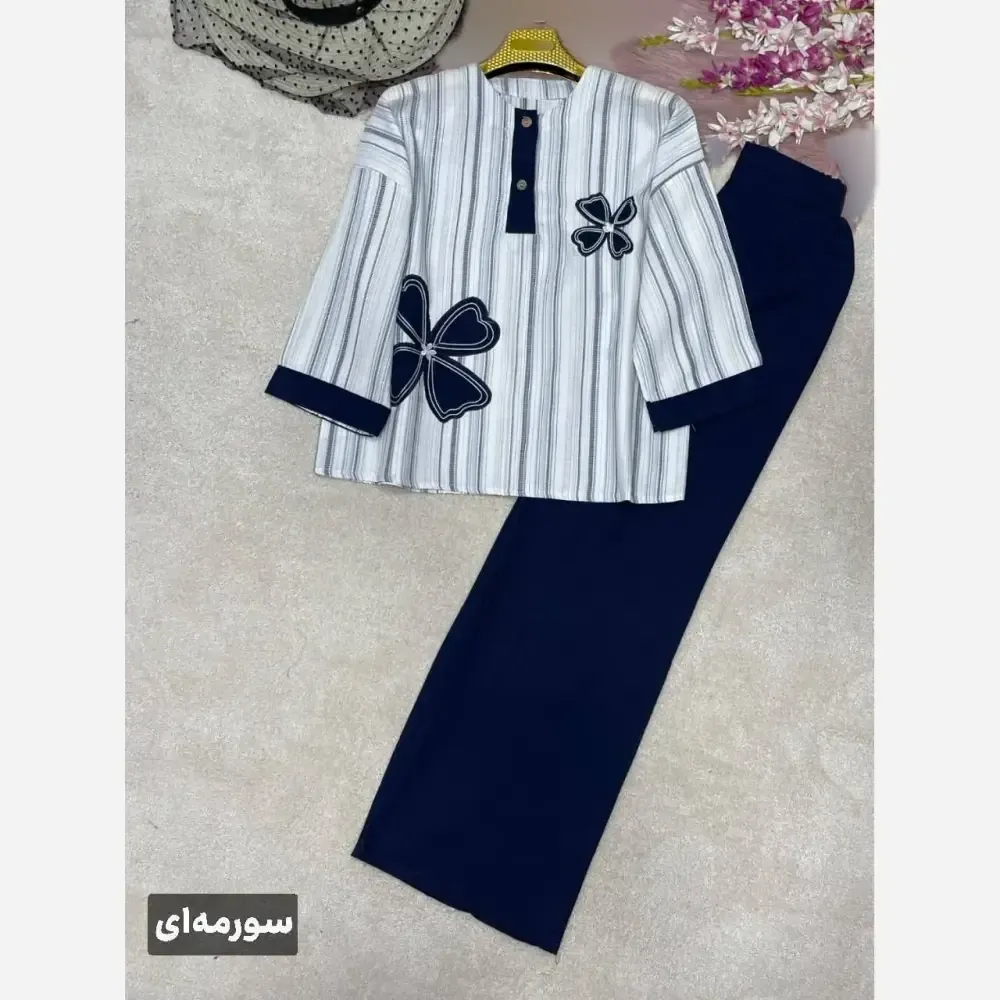 ست شومیز و شلوار زنانه مدل سنجاقک لنین بیسکویتی و کنفی فری سایز