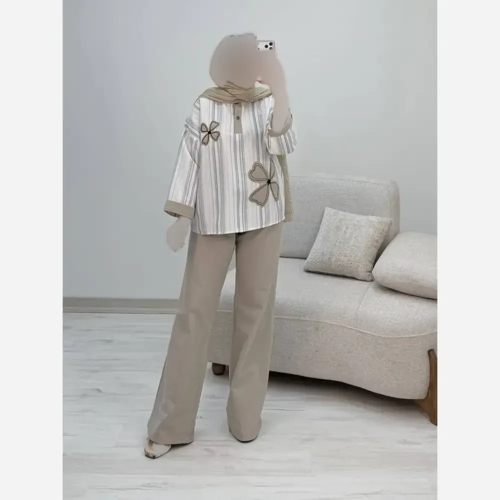 ست شومیز و شلوار زنانه مدل سنجاقک لنین بیسکویتی و کنفی فری سایز