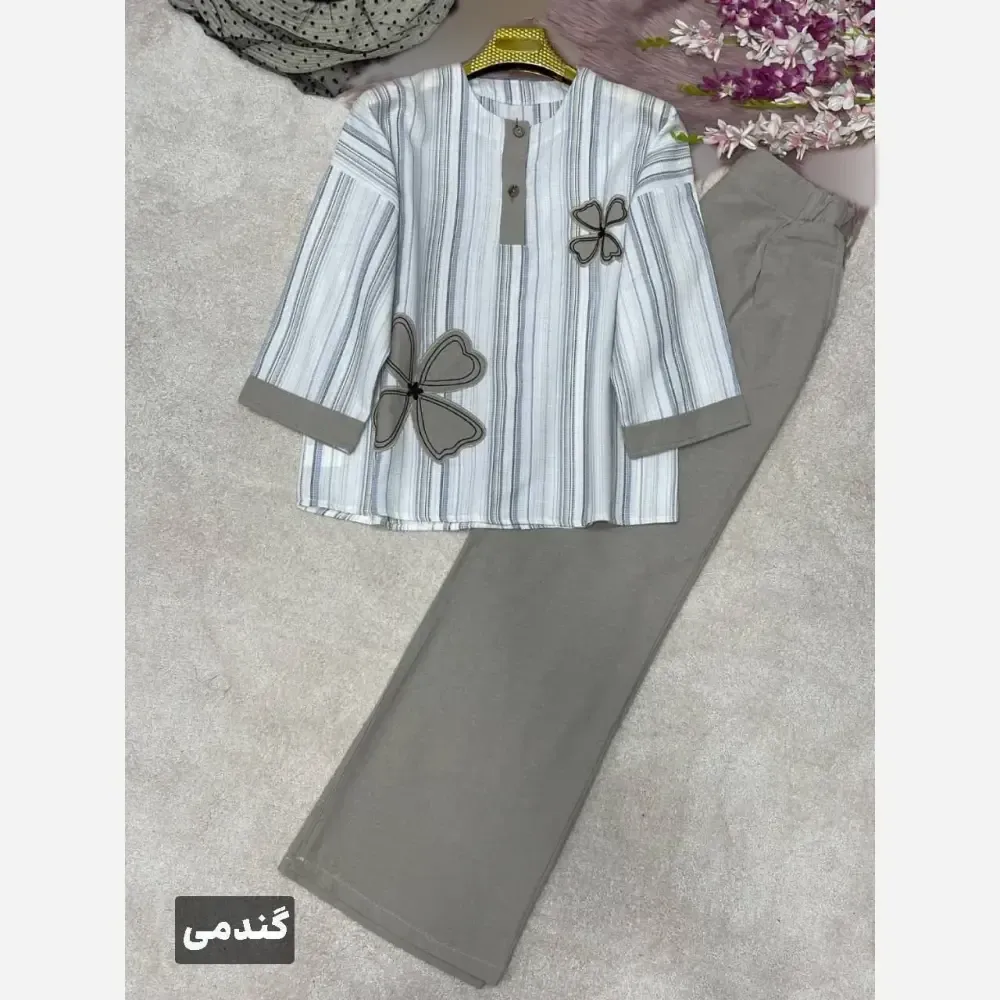 ست شومیز و شلوار زنانه مدل سنجاقک لنین بیسکویتی و کنفی فری سایز