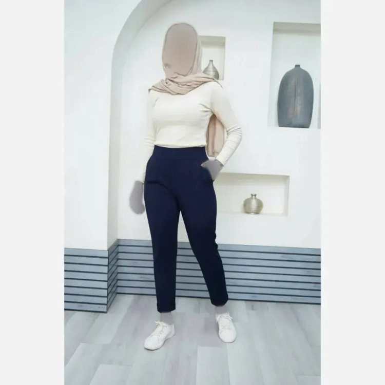شلوار مام استایل زنانه جنس شانتون درجه یک رنگ سورمه ای و نسکافه ای