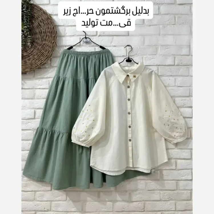 ست شومیز دامن گلناز لینن گلدوزی فری سایز تا 48