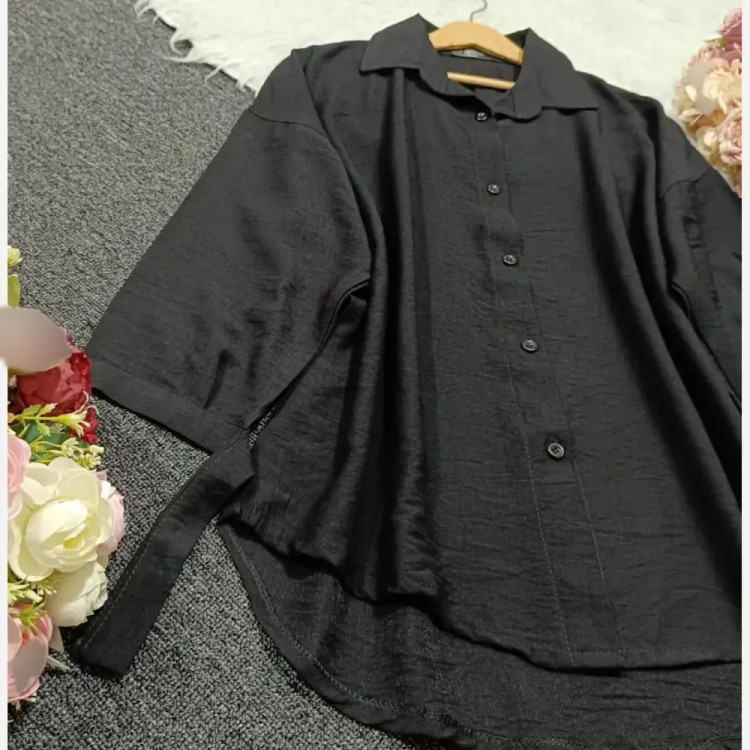 شومیز مانتویی مشکی جنس کرسپو درجه یک مچ گره ای سایز فری فیکس 38 تا 48