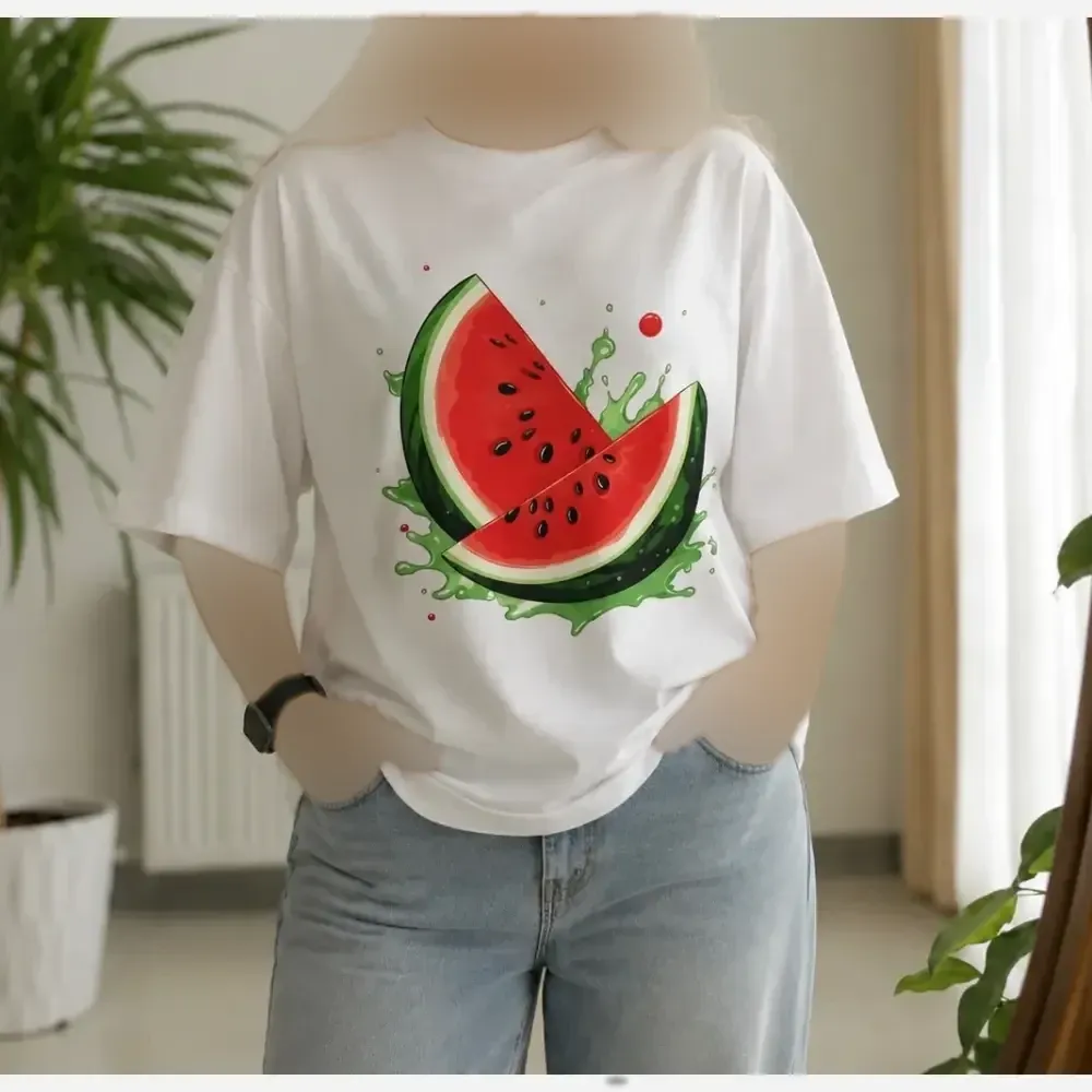تیشرت باکسی نخ پنبه طرح میوه فری سایز