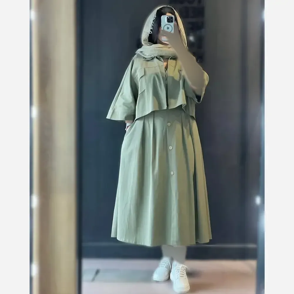 کت و سارافون لینن مدل هلند نسکافه ای و سبز سایز یک و دو
