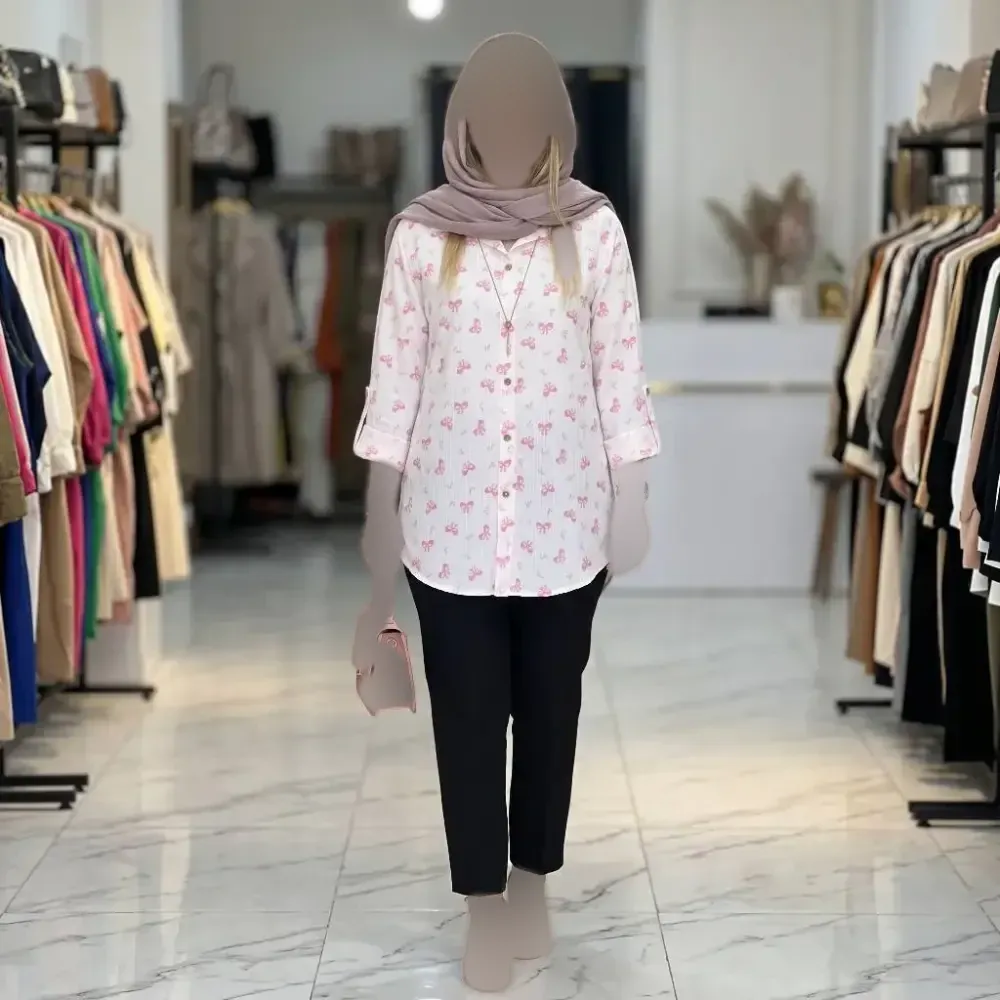 شومیز مانتویی دنیز جنس کراش طرحدار آستین پاگن دار
