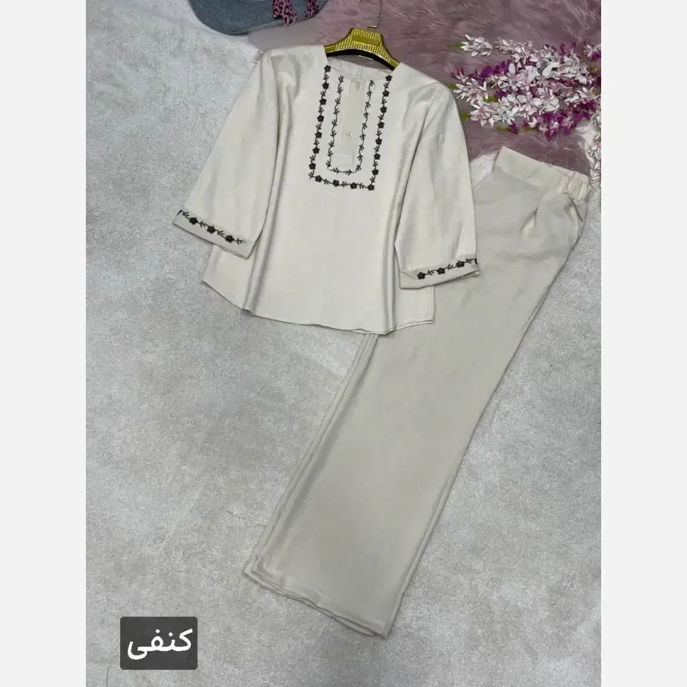 ست شومیز و شلوار گلدوزی لاوین جنس لنین و صوفیا فری سایز