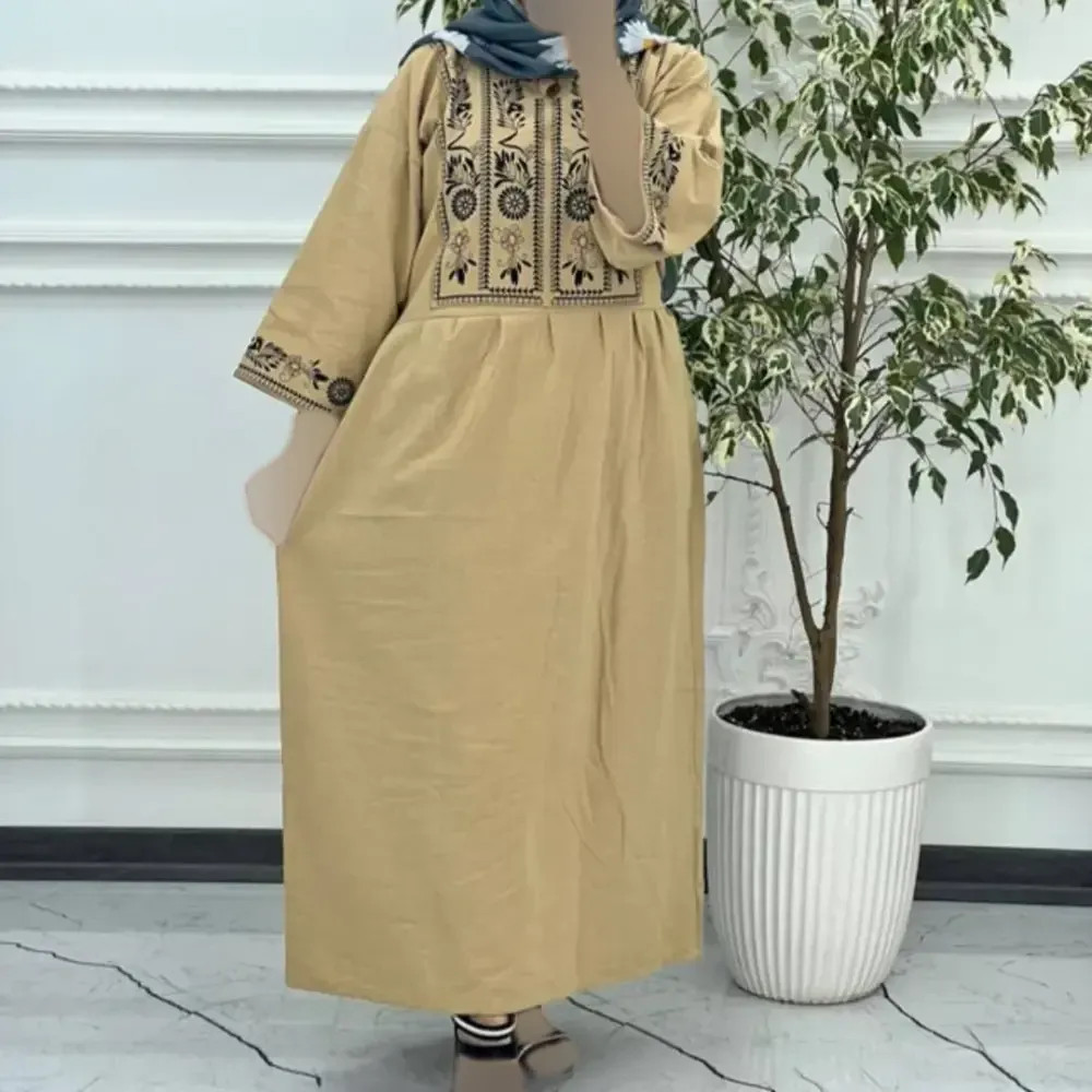 ساحلی لینن نچرال طرح نغمه فری سایز کمربنددار رنگ مشکی کرم سبز