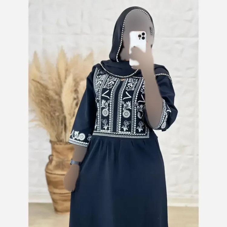 ساحلی لینن نچرال طرح نغمه فری سایز کمربنددار رنگ مشکی کرم سبز