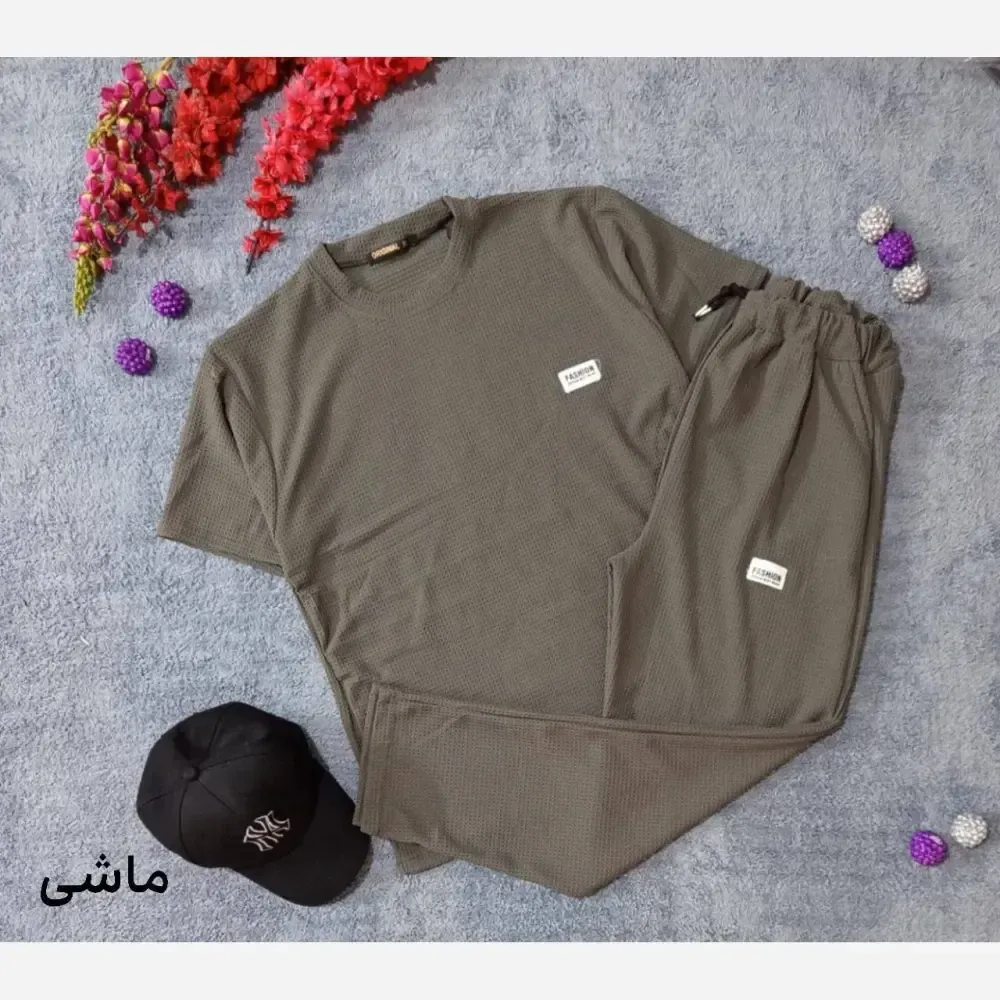ست تیشرت شلوار بیسکویتی طرح FASHION سایز XL و 2XL