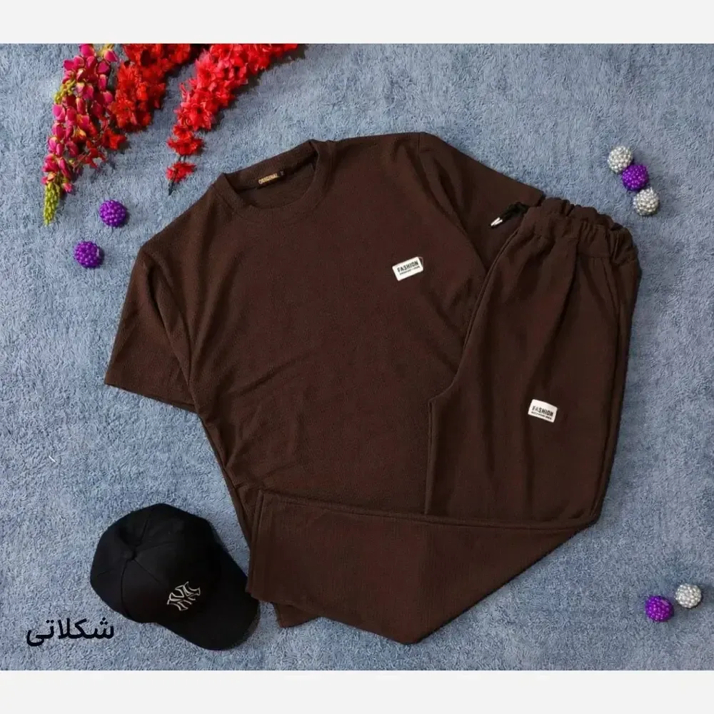 ست تیشرت شلوار بیسکویتی طرح FASHION سایز XL و 2XL