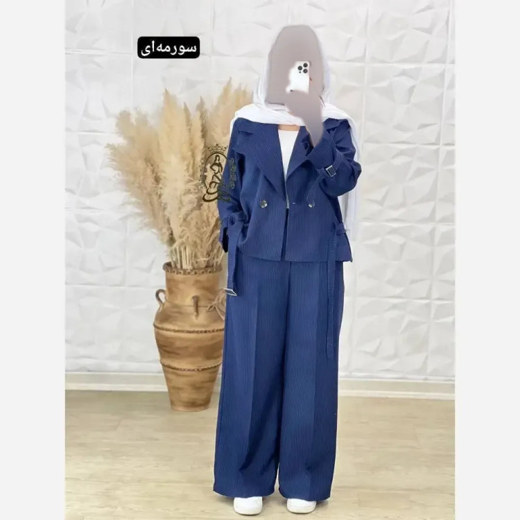 کت و شلوار زنانه مدل ایسان جنس دیپلمات رنگ مشکی و سورمه ای فری سایز (2)