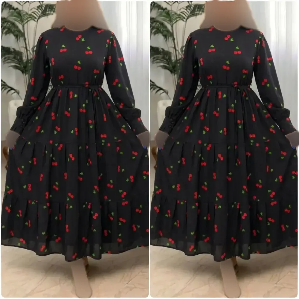 پیراهن گیلاسی یقه چین جنس بوگاتی رنگ مشکی سایز فری 38 تا 46