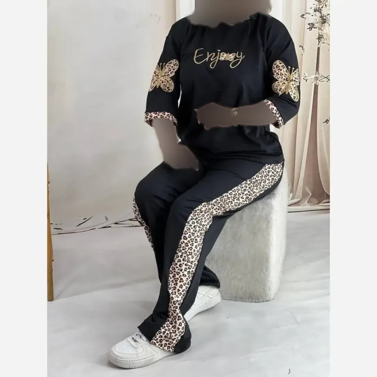 ست تیشرت شلوار enjoy پلنگی جنس پنبه گلکسی فری سایز