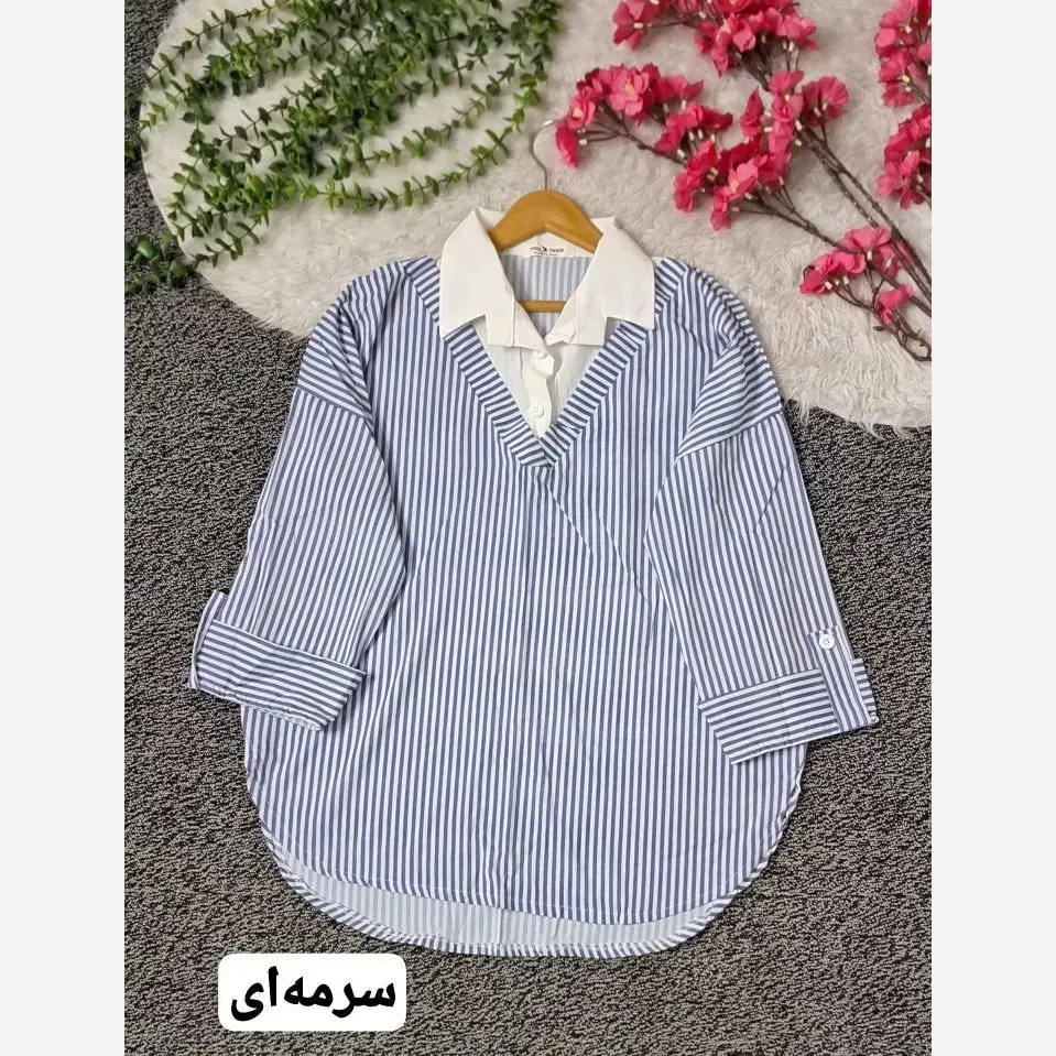 شومیز راه راه نخی خارجی خنک دکمه دار فری سایز 38 تا 48