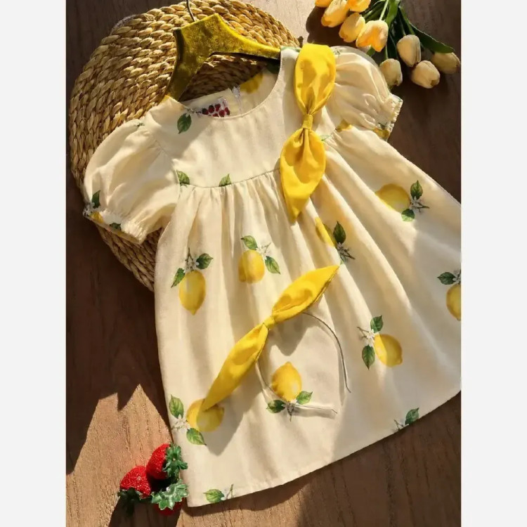 سارافون دخترانه طرح میوه با تل و پاپیون جنس پارچه شارلوت
