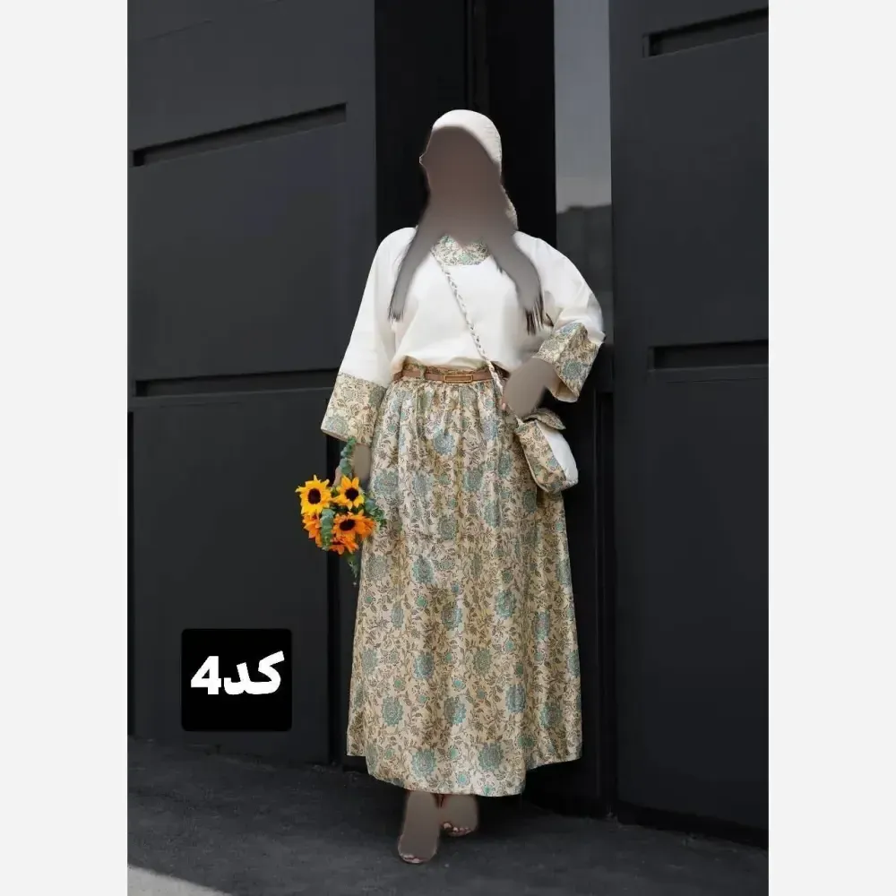 ست چهار تکه شومیز و دامن لینن وارداتی کاترینا با کیف و کمربند سایز 38 تا 46