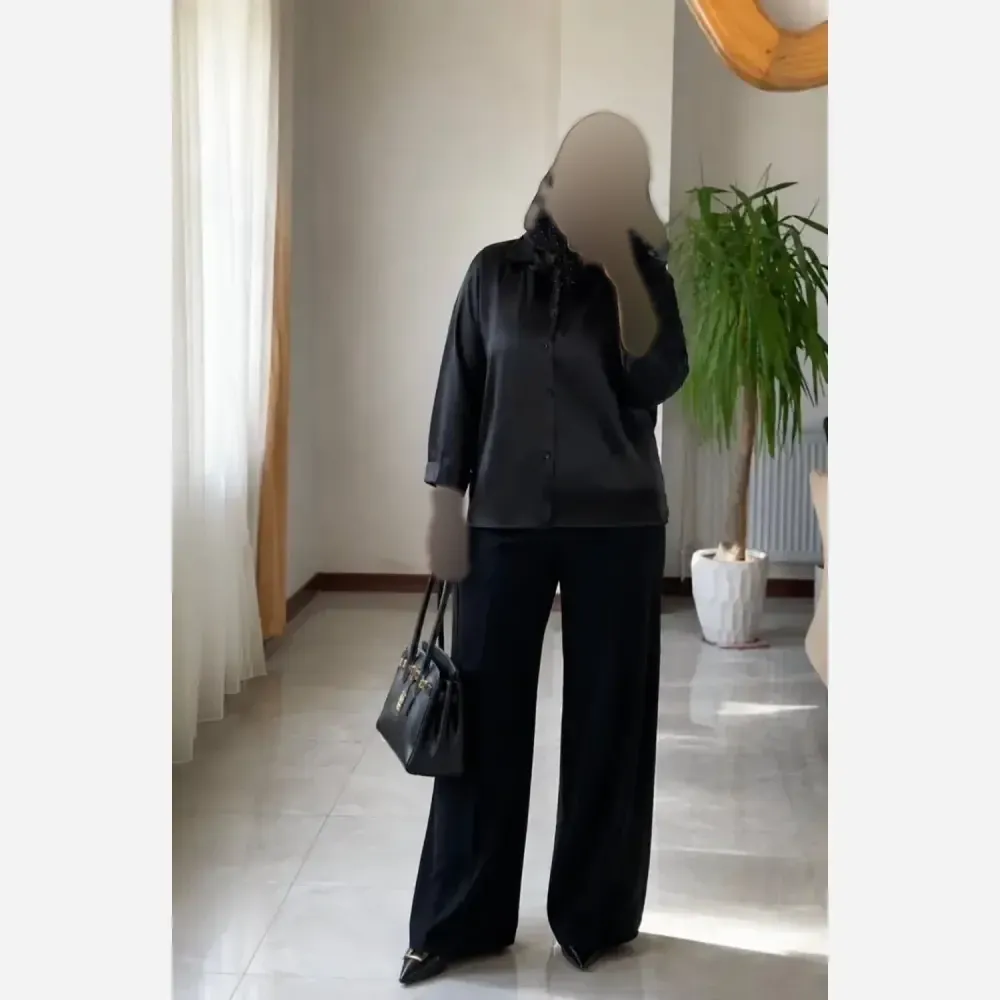 شومیز ساتن ابریشم زنانه رنگ مشکی سایز 38 تا 46