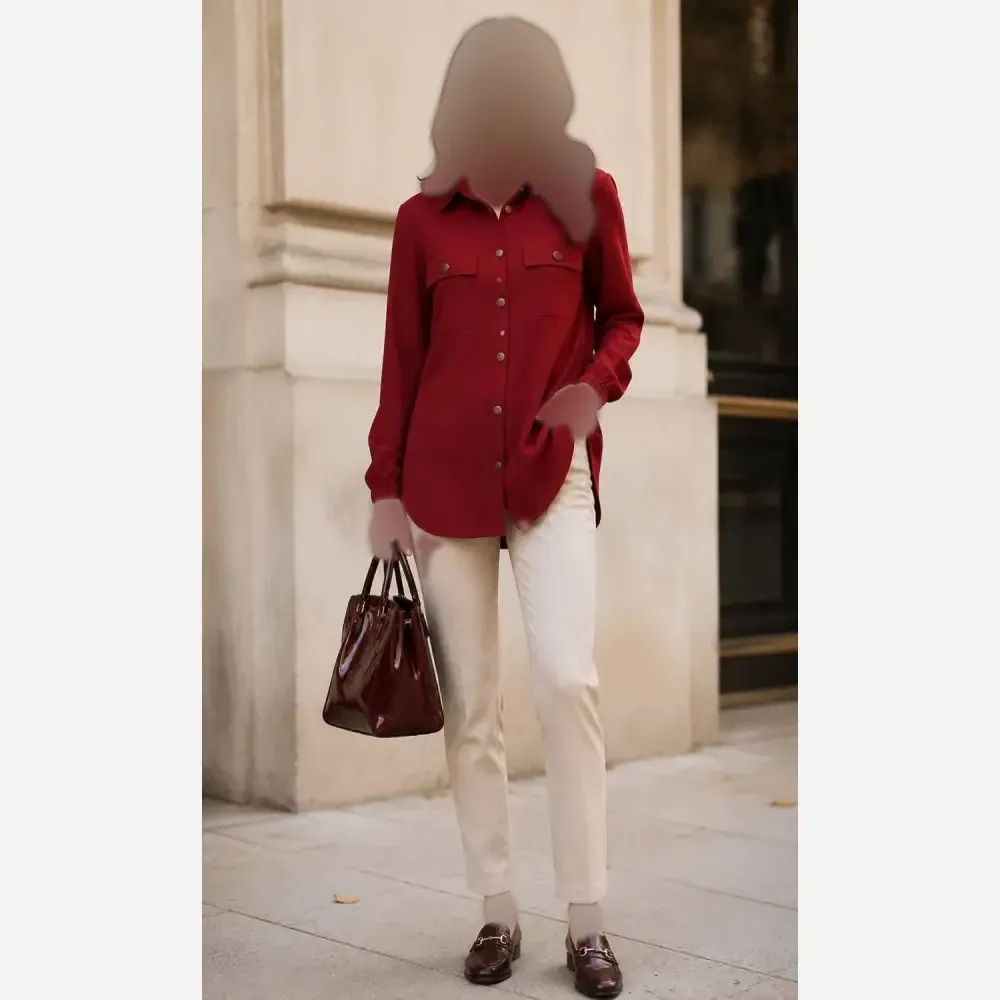 مانتو زنانه نخی دو جیب رنگ زرشکی فری سایز