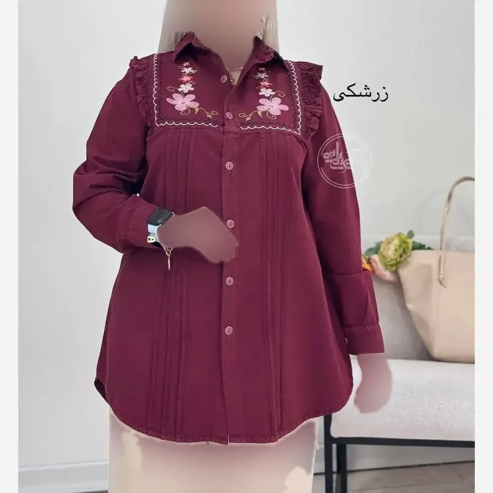 شومیز زنانه الیاف طبیعی گلدوزی شده جلو دکمه دار فری سایز