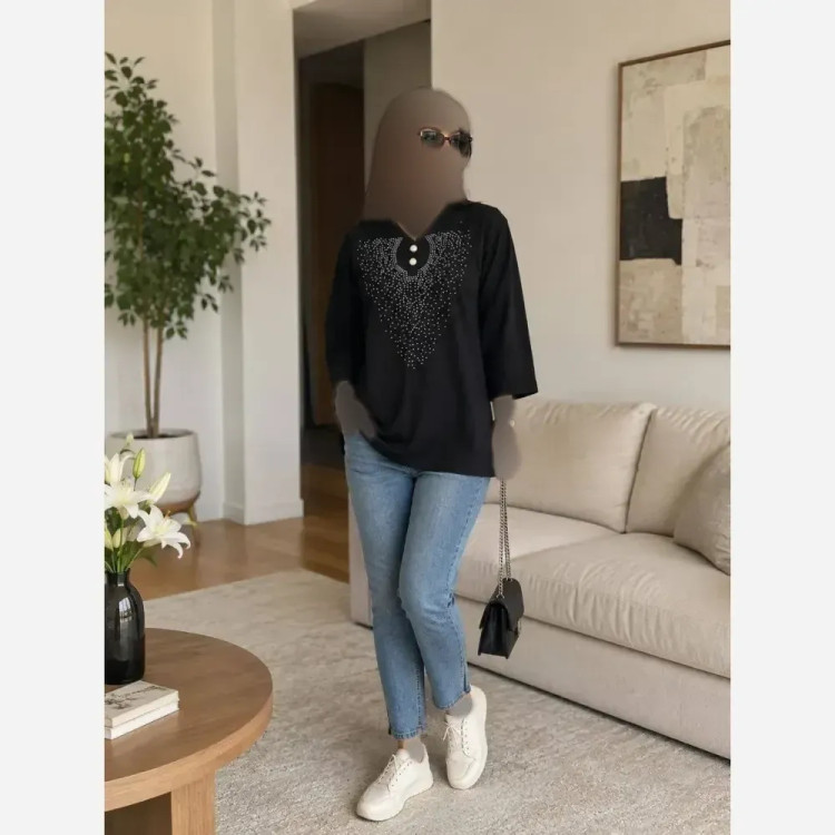 شومیز زنانه لنین نخ مشکی مدل تمیم فری سایز