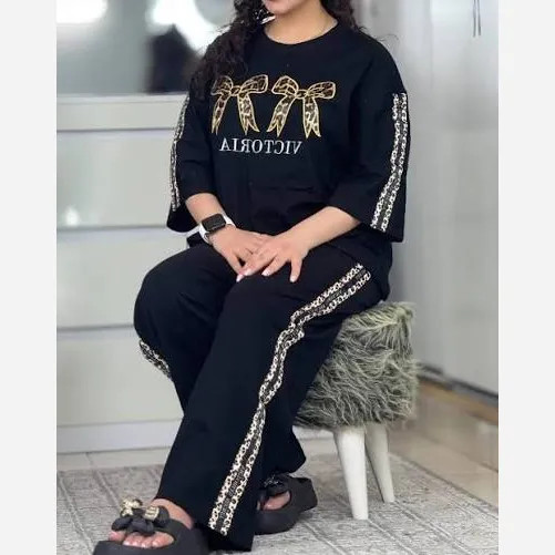 ست تیشرت و شلوار زنانه مدل VICTORIC جنس پنبه گلکسی فری سایز