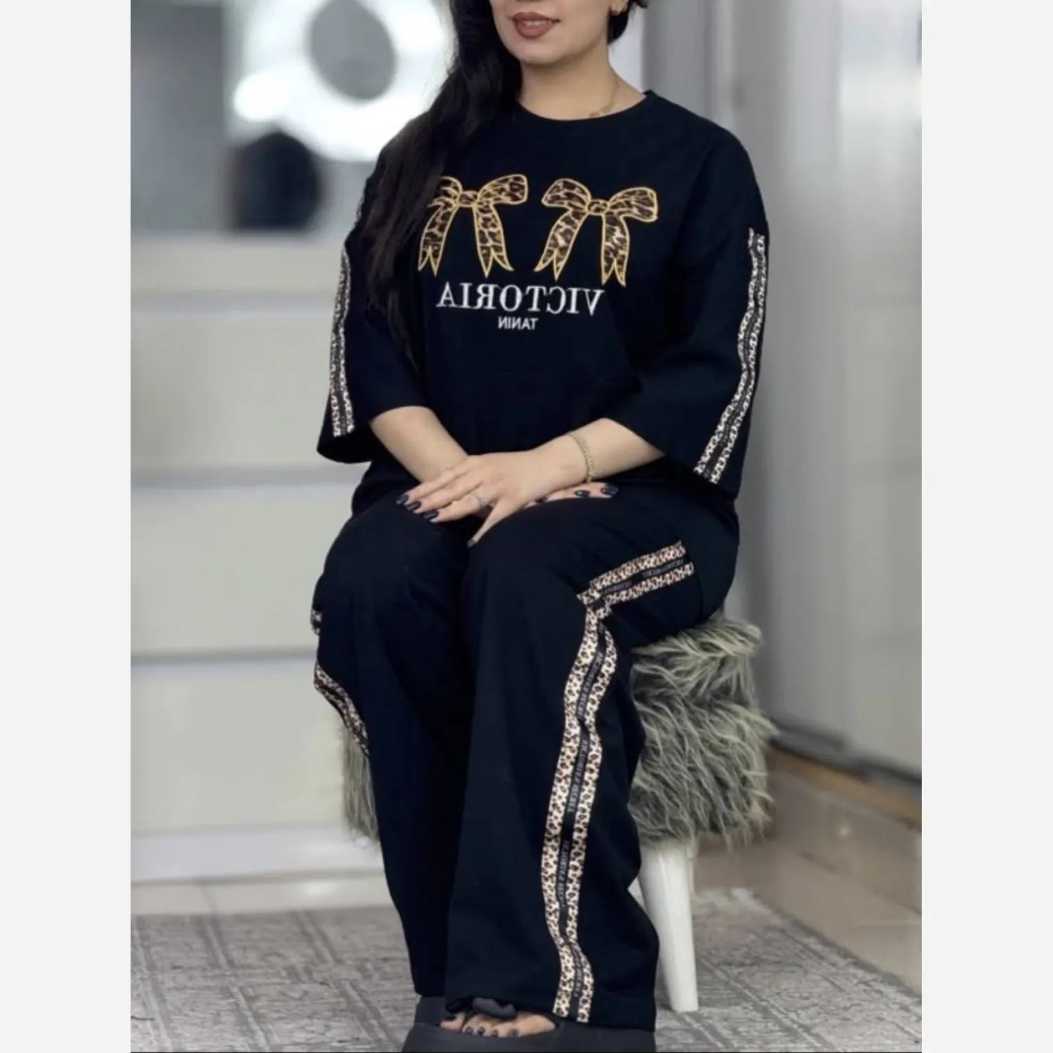 ست تیشرت و شلوار زنانه مدل VICTORIC جنس پنبه گلکسی فری سایز