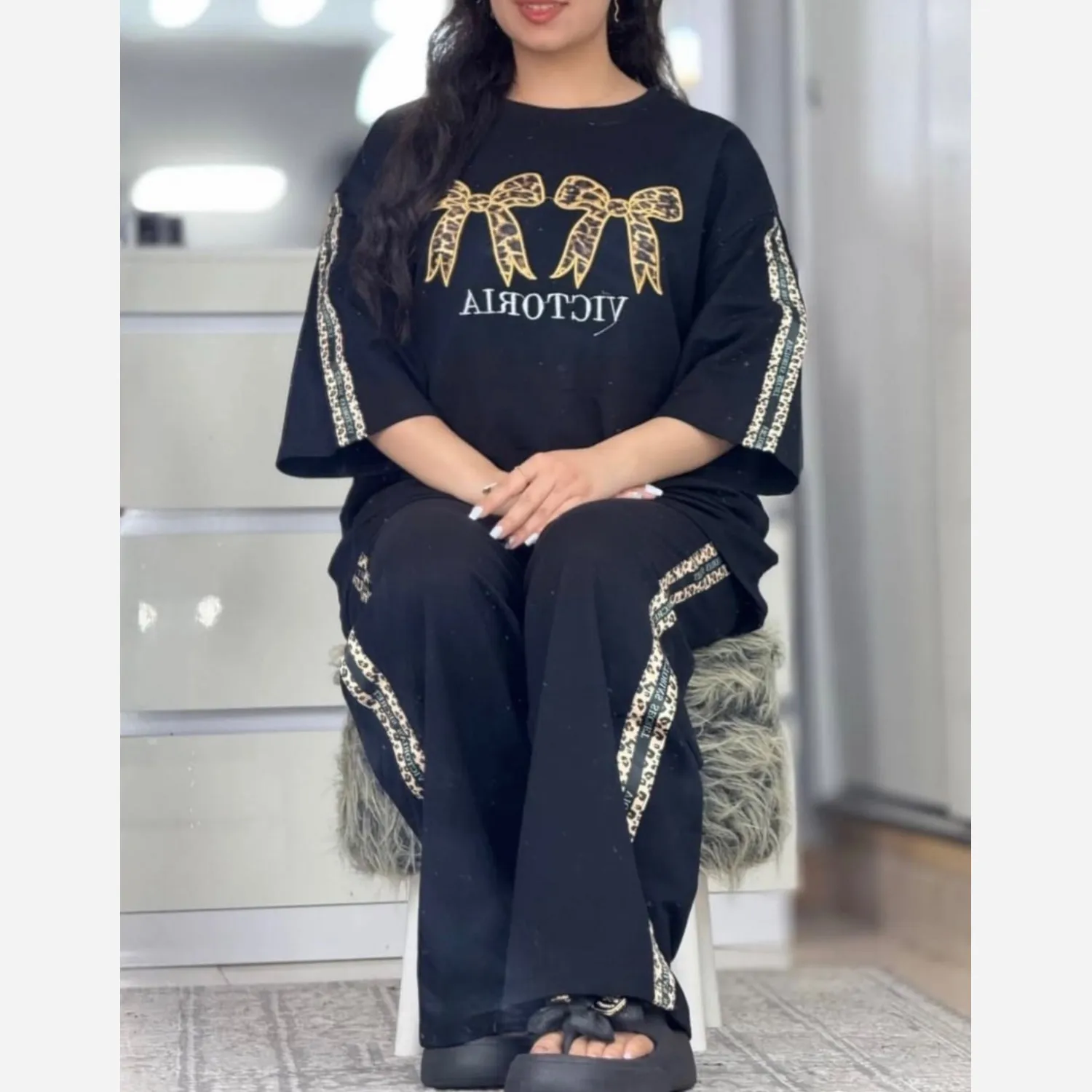 ست تیشرت و شلوار زنانه مدل VICTORIC جنس پنبه گلکسی فری سایز