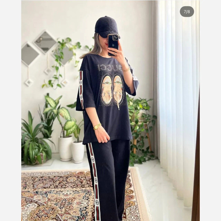 ست تیشرت و شلوار زنانه جنس دورس گلکسی فری سایز مناسب 36 تا 48