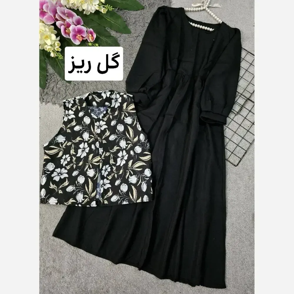 سارافون کرپ اندونزی به همراه جلیقه سوزن دوزی زنانه مدل دو تیکه فری سایز
