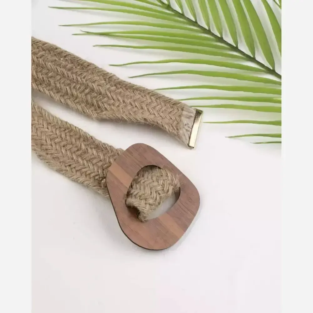 کمربند کنفی سگک چوبی زنانه فری سایز مناسب لباس تابستانه طول 108 سانتیمتر