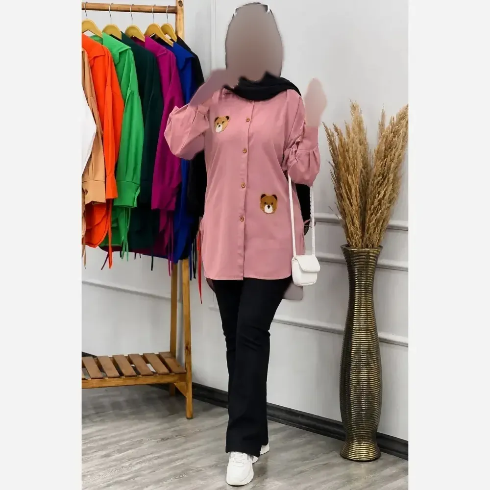 شومیز دخترانه و زنانه طرح استیکر خرس جنس داکرون فری سایز