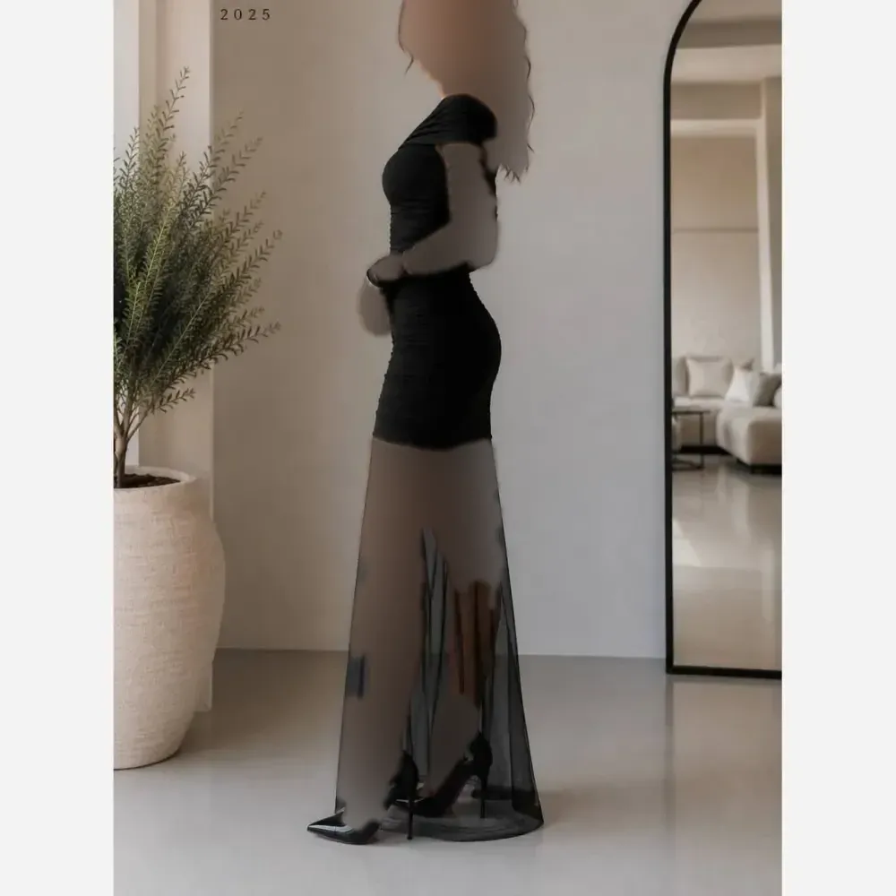 ماکسی مجلسی زنانه مدل هاریکا جنس فلامنت و تور رنگ مشکی