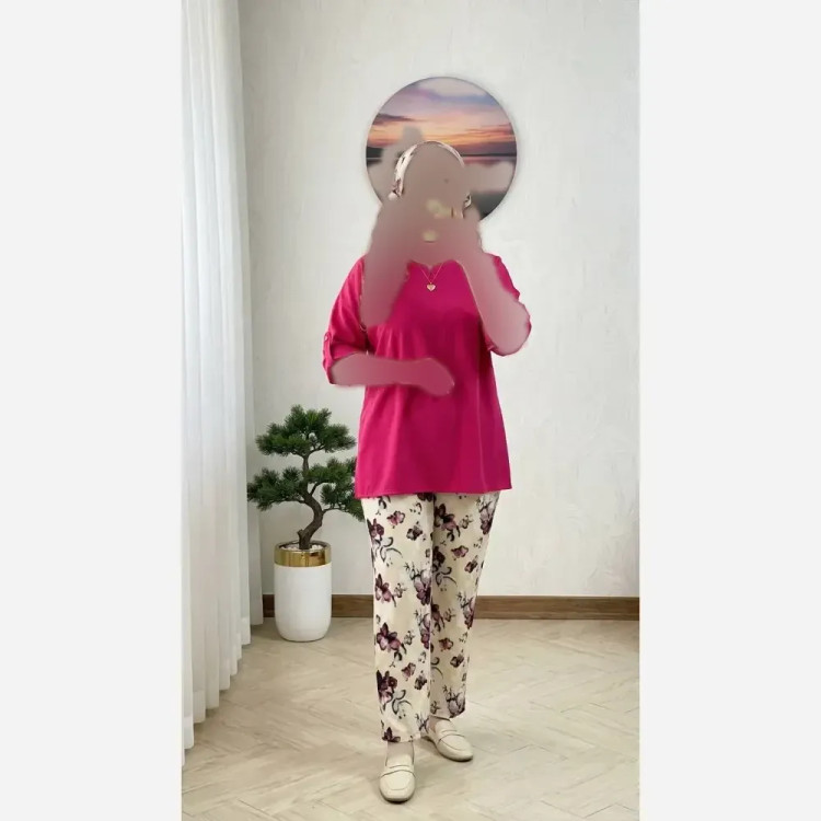 ست شومیز و شلوار زنانه مدل افاق جنس لنین پلاس و شانتون اسلپ سایز بزرگ