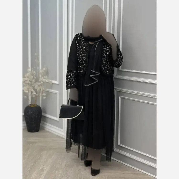 ست سه تیکه زنانه مجلسی شامل کت جواهر دوزی، دامن تور و شال رنگ مشکی سایز فری 36 تا 46