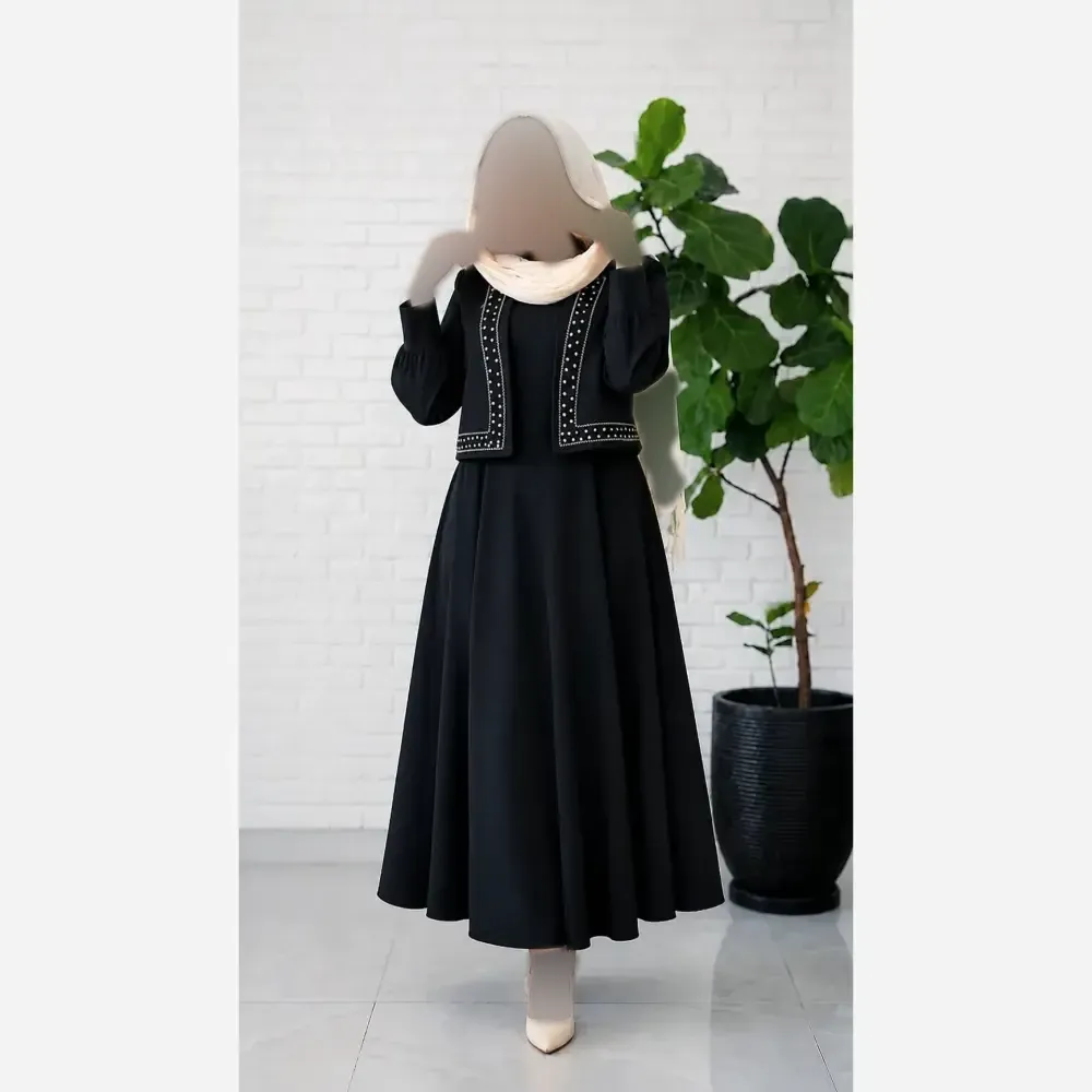 ست دو تیکه پیراهن و جلیقه مجلسی زنانه با گلدوزی و نگین پرسی سایز 40 تا 48