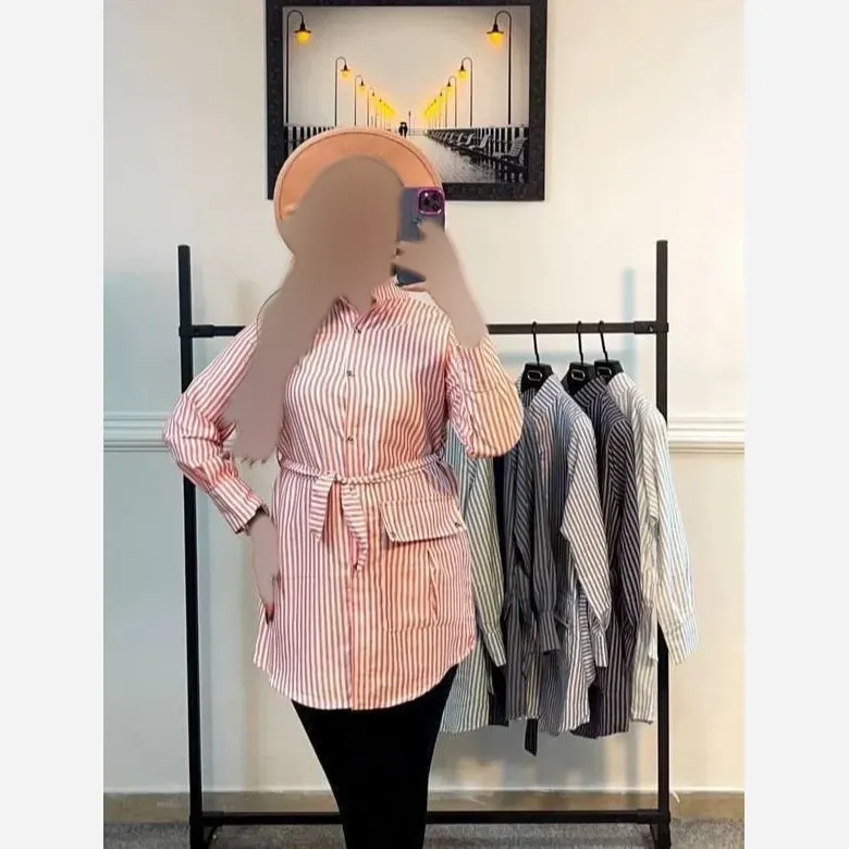شومیز زنانه مدل ساره جنس لنین راه راه فری سایز