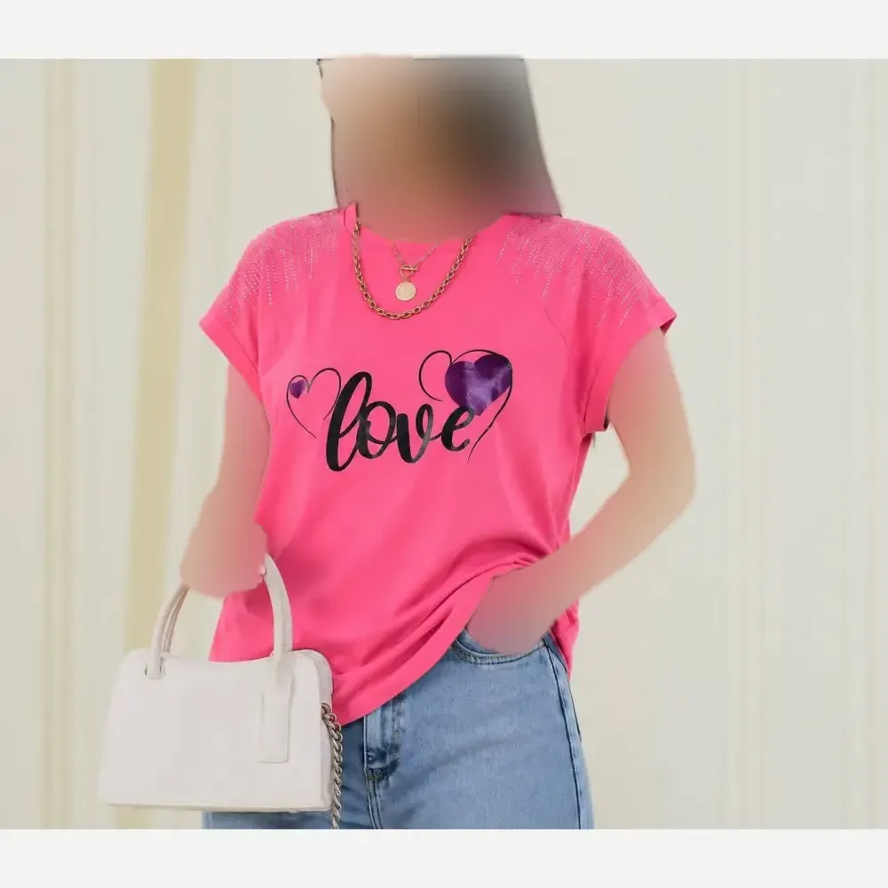 تیشرت باکسی نگینی طرح LOVE جنس نخ پنبه فری سایز