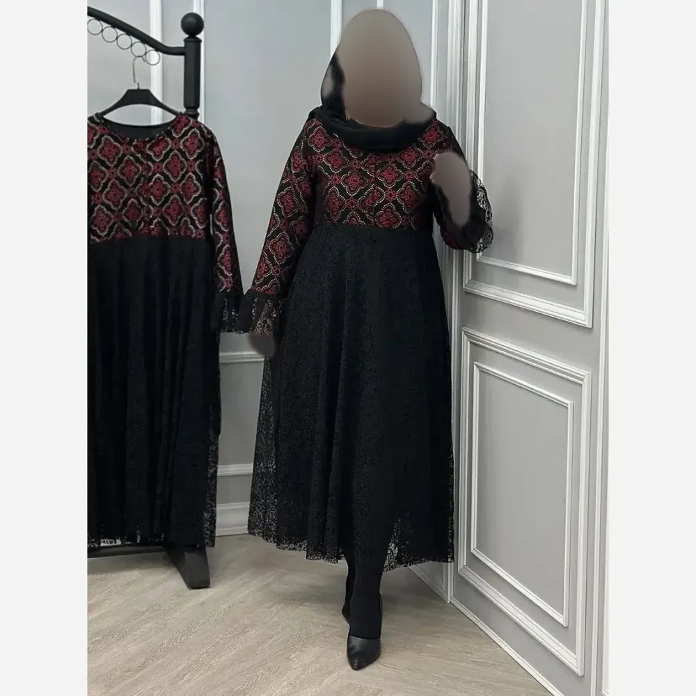 پیراهن مجلسی زنانه مدل فاخر بالاتنه تافته و دامن دانتل سایز فری 38 تا 46