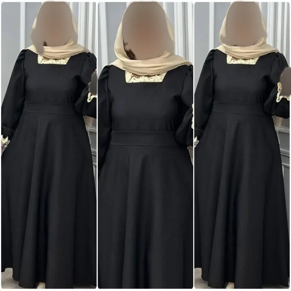 پیراهن زنانه یقه گیپور مدل شهرزاد جنس الیزه رنگ مشکی فری سایز
