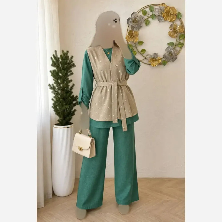 ست سه تیکه زنانه مدل مهرانه شامل وست، شومیز و شلوار فری سایز